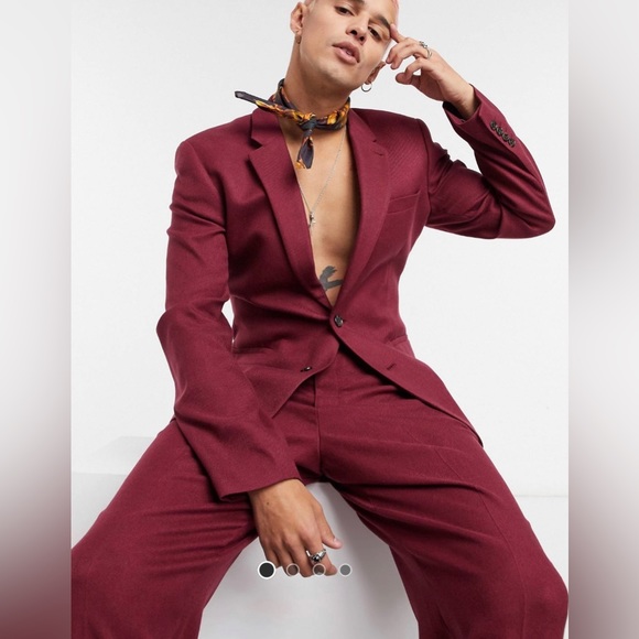 Burgundy Twill Suit Blazer and Wide Leg Pants - Picture 4 of 7